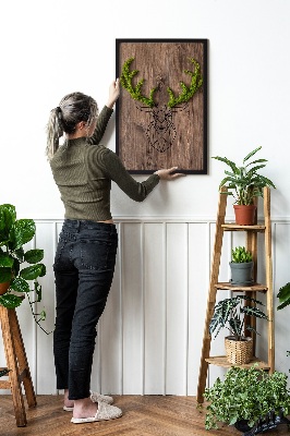 Tableau végétal mousse Tête de cerf sur un fond en bois