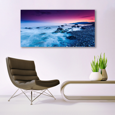 Image sur verre Tableau Mer plage paysage violet rose bleu