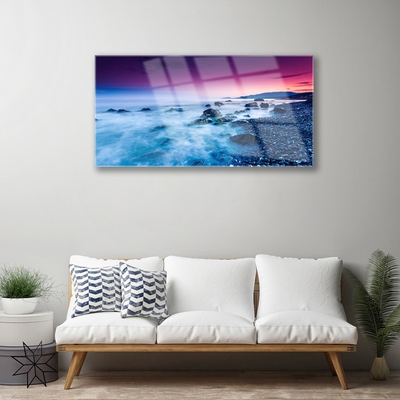 Image sur verre Tableau Mer plage paysage violet rose bleu
