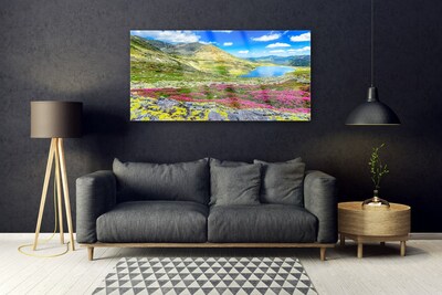 Image sur verre Tableau Montagne baie prairie nature multicolore