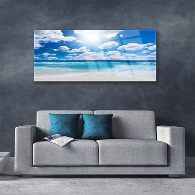 Tableaux sur verre acrylique Mer du nord plage nuages paysage bleu blanc