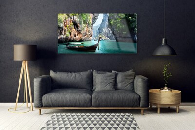 Tableaux sur verre acrylique Bateau lac roche paysage bleu brun vert