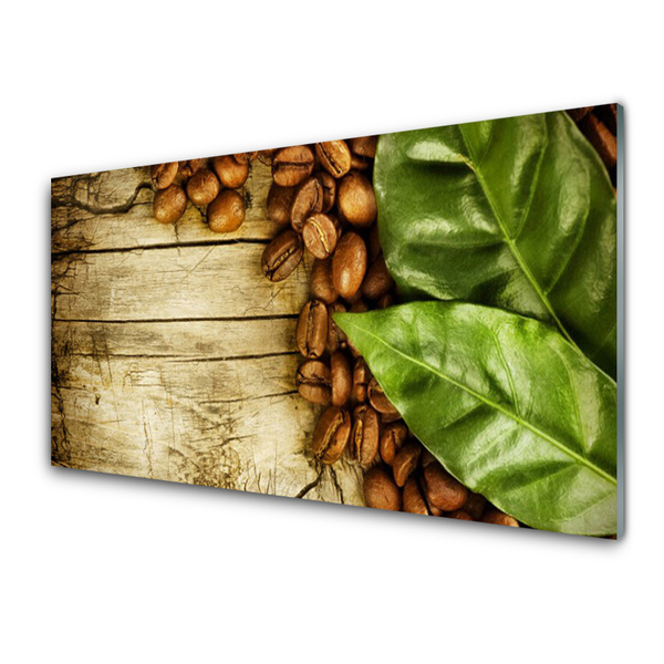 Tableaux sur verre acrylique Café en grains feuilles cuisine brun vert