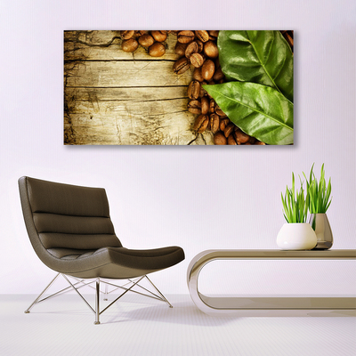 Tableaux sur verre acrylique Café en grains feuilles cuisine brun vert